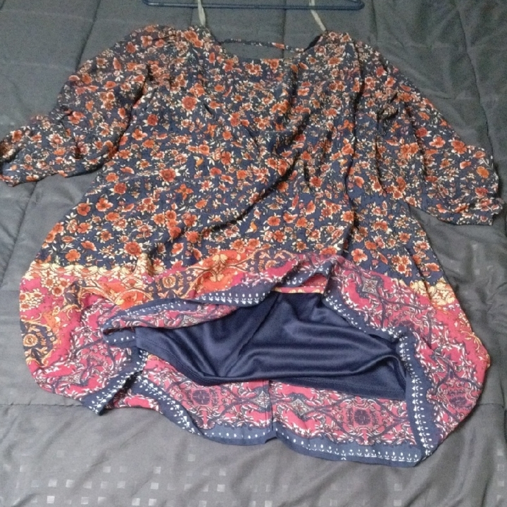 Speechless Blue and Red Flower Print 3/4 Sleeve Dress